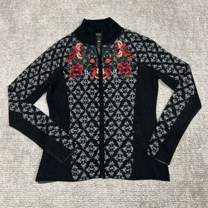 Icelandic Design Sweater Womens Medium Merino Wool Floral Embroidered Cardigan